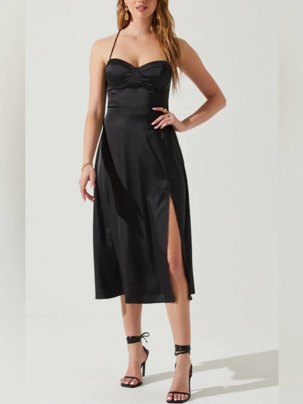 ASTR The Label Gala Black Bustier Satin Midi Dress, Size Large